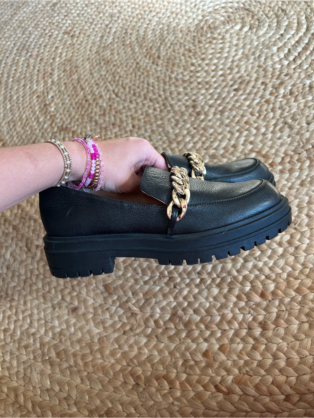 Jessica Simpson Black Chain-Accent Leather Disila Loafers for Women size 8
